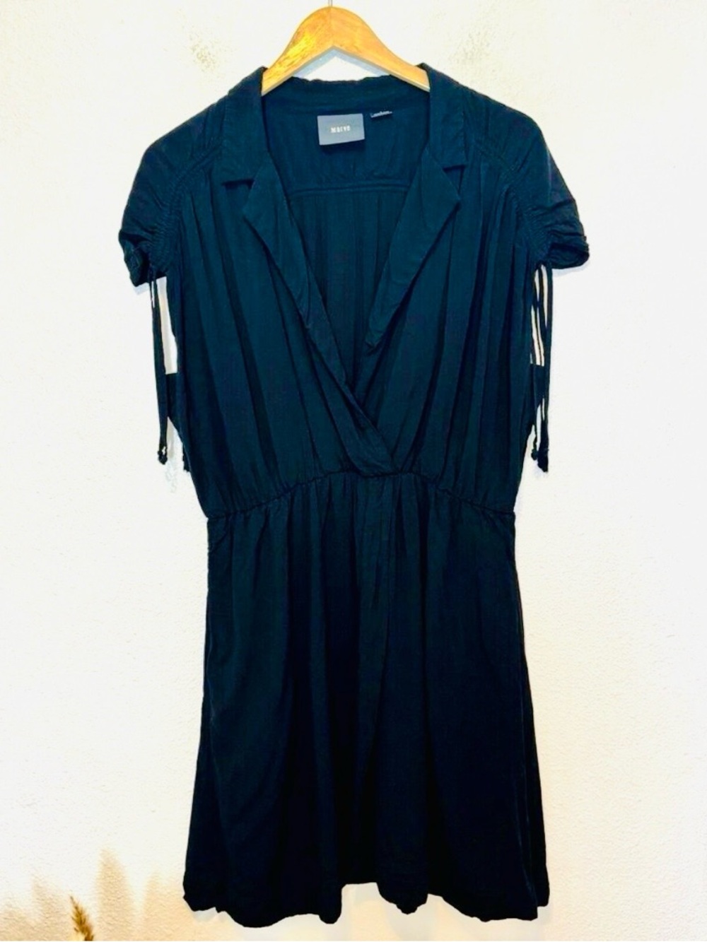 Anthro Maeve Carlotta Mini Dress L | Black V-Neck Ruched Sleeve Tie Detail